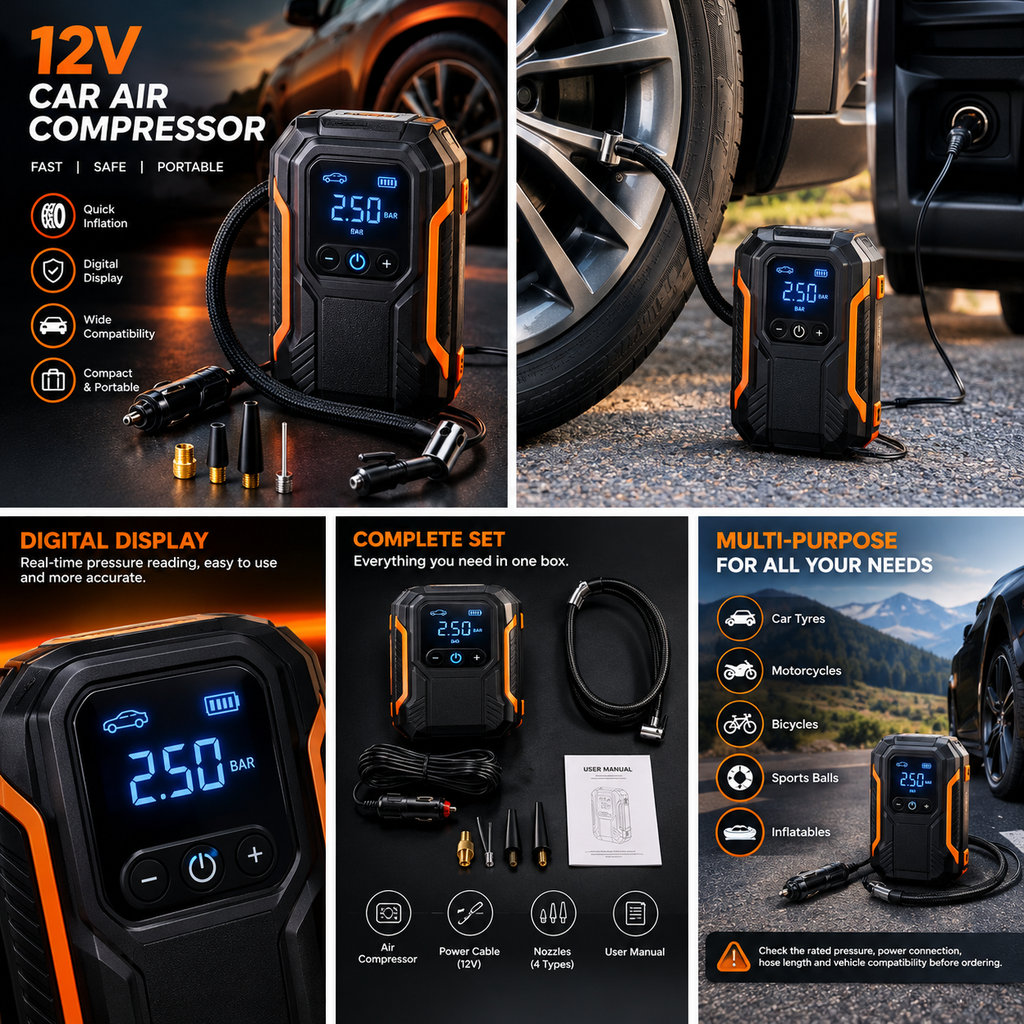 Portable 12V Car Tyre Air Compressor with Digital Pressure Display