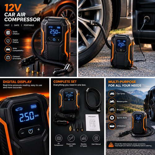 Portable 12V Car Tyre Air Compressor with Digital Pressure Display