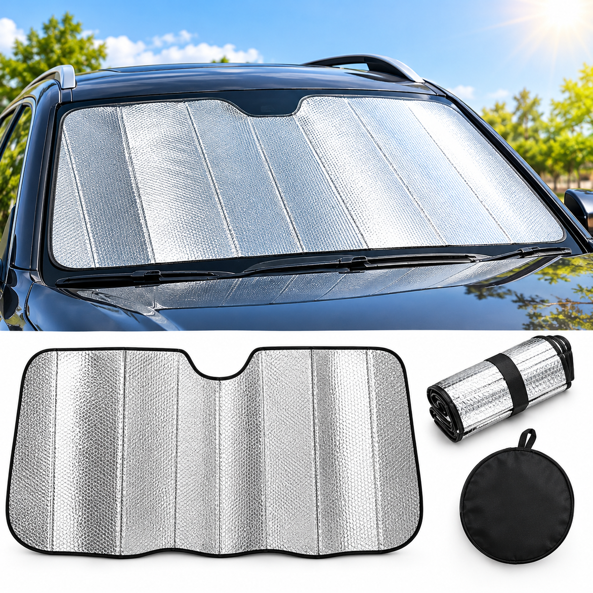 Foldable Car Windshield Sunshade – Reflective Heat & Sun Protector